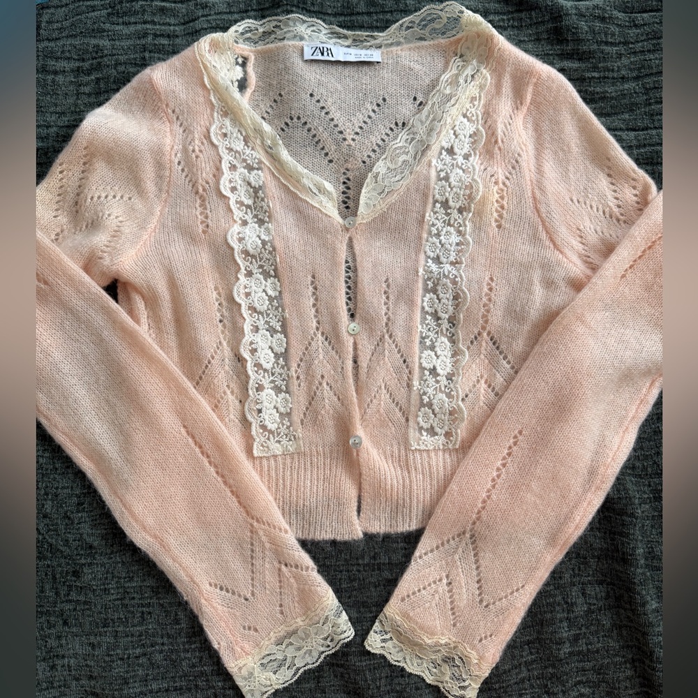 Zara Pink Lace-Trim Knit  crop Cardigan Sweater sheer NWOT